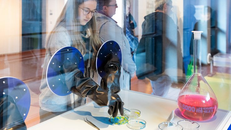 VISUELL Szenografie: Wissenschaftsausstellung „Was kann Katalyse?“ für den Sonderforschungsbereich SFB 1333 der Universität Stuttgart VISUELL Szenografie: Wissenschaftsausstellung: Eine junge Besucherin bedient die interaktive Handschuhbox in der Ausstellung „Was kann Katalyse?“, sie hat beide Arme in den Handschuhen und sortiert mit einer Pinzette blaue und gelbe Kugeln in Petrischalen, im Hintergrund sieht man weitere Besuchende