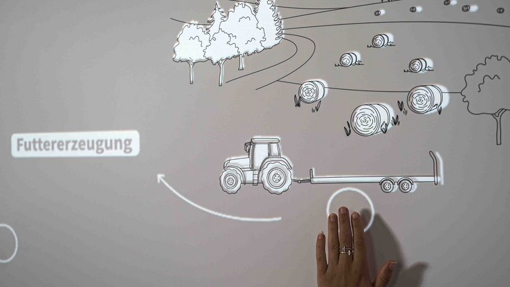 VISUELL Szenografie: Ein Button der interaktiven Wand wird gedrückt