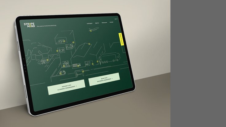 VISUELL Kommunikationsdesign: Corporate Design für STRIPEMIND VISUELL Kommunikationsdesign: Corporate Design STRIPEMIND: Tablet-Ansicht der Website mit schematischer Liniengrafik; interaktive Illustration erklärt Leistungsbereiche im Sicherheitsmanagement.
