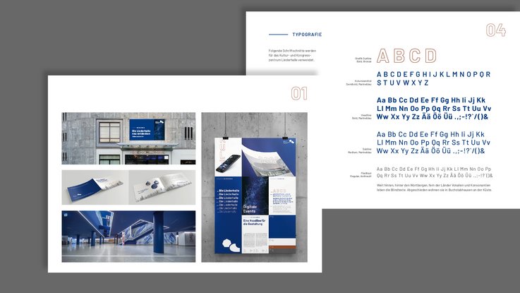VISUELL Kommunikationsdesign: Überarbeitung des Corporate Designs, angepasst an die Architektur des Kultur- und Kongresszentrums Liederhalle VISUELL Kommunikationsdesign: Corporate Design Liederhalle: Übersicht des Corporate Design mit Aufzeigung der Typografie und beispielhaften Werbemitteln