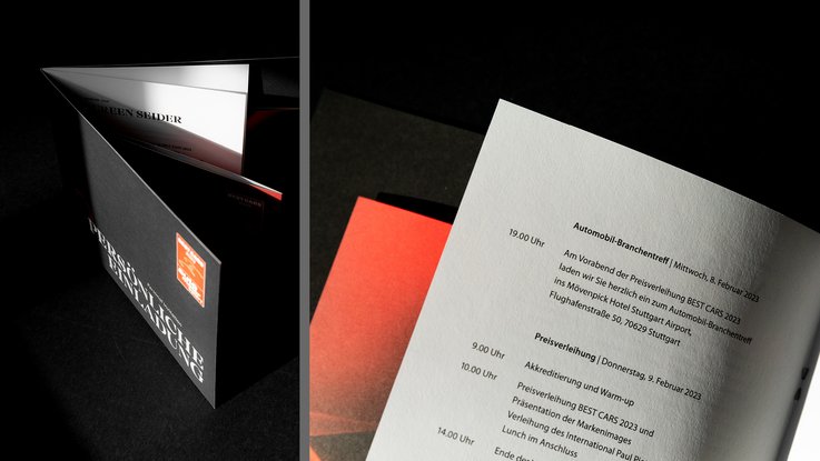 VISUELL Szenografie: BEST CARS 2023: Detailsansicht Persönliche Einladung - Übersicht Zeitplan