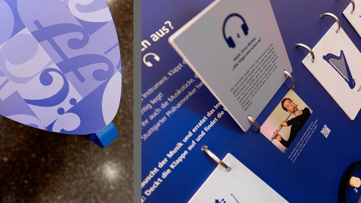 VISUELL Szenografie: Jubiläumsausstellung: Links steht ein blauer Hocker mit gemusterter Sitzfläche, rechts ist eine aufgeklappte Klappkarte, die die Lösung zum Musikquiz gibt