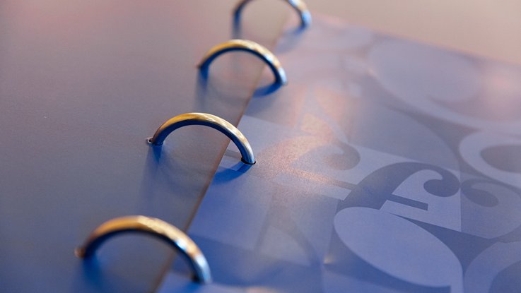 VISUELL Szenografie: Jubiläumsausstellung: Detailaufnahme der Blätterstation mit großen Ringen und gemustertem Cover