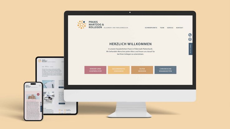 VISUELL Kommunikationsdesign: Corporate Design: Verschiedene Webseiten der Praxis Martzog & Kollegen auf unterschiedlichen Endgeräten