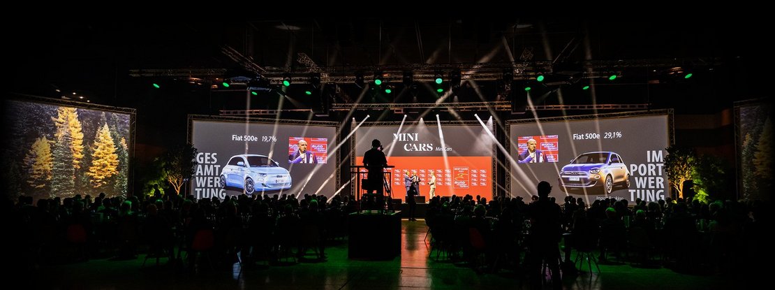 VISUELL Szenografie: BEST CARS 2023: Vier Leinwände werden bespielt - Aufschrift: Gesamtwertung und Importwertung Minicars und Fotos eines Fiat 500e