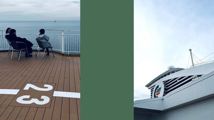 VISUELL Blogbeitrag: Weiterbildung in Oslo: Zwei Personen sitzen auf dem Deck einer Fähre