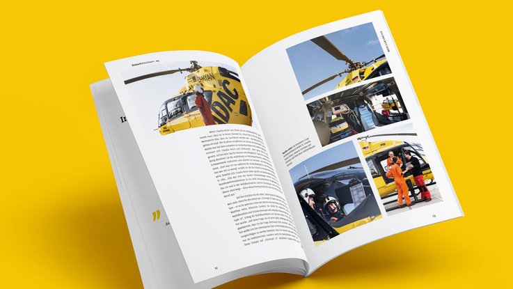 VISUELL Kommunikationsdesign: Editorial Design ADAC Württemberg e.V.: Innenseite mit Fotos und Text auf gelbem Hintergrund 