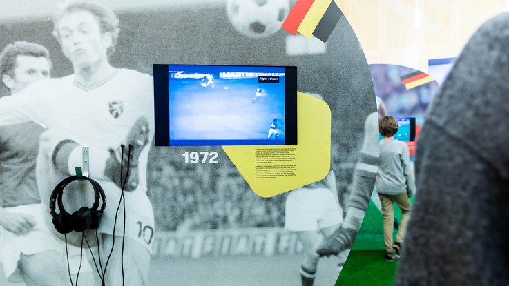 VISUELL Szenografie: EURO Legends Stuttgart: Der Aufsteller über die belgische Mannschaft mit eingebautem Bildschirm sowie Kopfhörern.