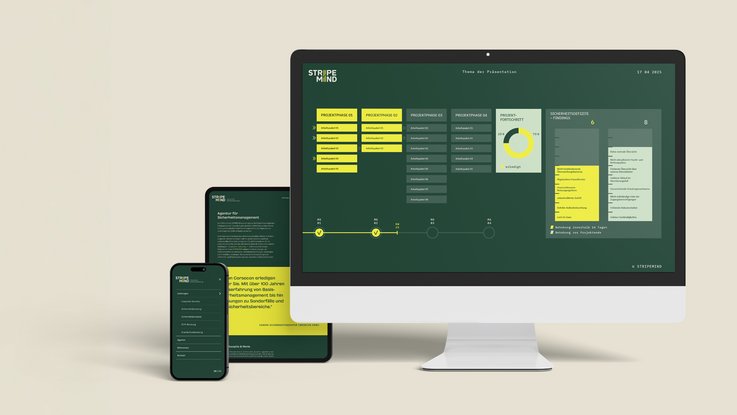 VISUELL Kommunikationsdesign: Corporate Design für STRIPEMIND VISUELL Kommunikationsdesign: Corporate Design STRIPEMIND: Darstellung der Website auf Desktop-, Tablet- und Smartphone-Ansicht; die Benutzeroberfläche zeigt ein modulares Layout mit Informationsmodulen in Gelb und Grün.