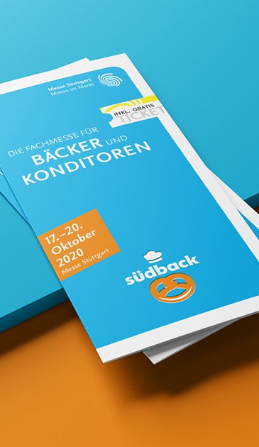 VISUELL Kommunikationsdesign: Redesign der südback – Fachmesse für Bäckerei und Konditorei an der Messe Stuttgart VISUELL Kommunikationsdesign: Redesign der südback: Vorderseite eines Ausstellerflyers in hellblau - Aufschrift: Die Fachmesse für Bäcker und Konditoren