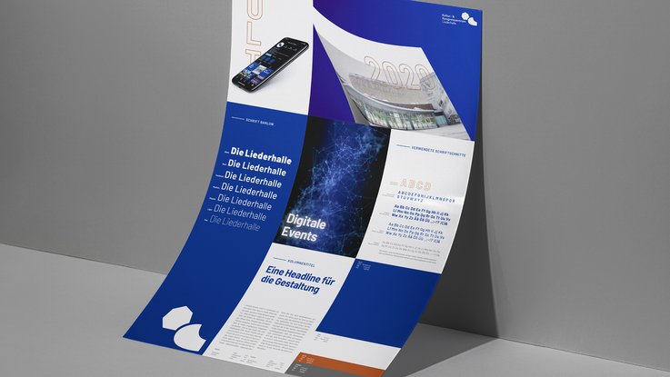 VISUELL Kommunikationsdesign: Überarbeitung des Corporate Designs, angepasst an die Architektur des Kultur- und Kongresszentrums Liederhalle VISUELL Kommunikationsdesign: Corporate Design Liederhalle: Plakat des Corporate Designs der Liederhalle in dunkelblau mit der Akzentschrift