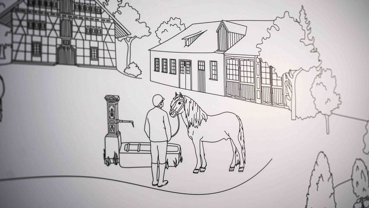 VISUELL Szenografie: Ein braunes Pferd wird auf dem Hof in Marbach mit einem Gartenschlauch abegspritzt