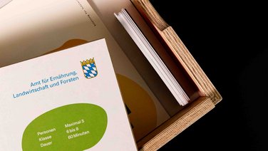VISUELL Szenografie: Pädagogische Lernkiste: Detailaufnahme Holzkiste mit Inlay für das Ordnen des Innenlebens