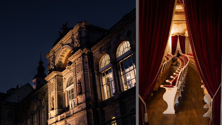 VISUELL Szenografie: Gestaltung und Realisierung des Leitsystems und der Printprodukte für die Nacht des offenen Denkmals in Baden-Baden. VISUELL Szenografie: Nacht des offenen Denkmals: Detailaufnahmen des Theaterhauses von aussen und von Sitzreihen in einem Raum