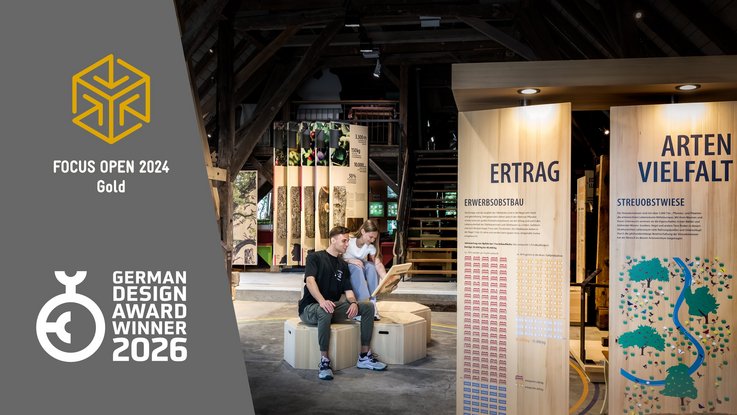 VISUELL Szenografie: Obstbaumuseum: Zwei Besucher sitzen in der Mitte der Ausstellung und betrachten eine Informationstafel in ihren Händen. Links neben dem Bild stehen Logos von Auszeichnungen, die das Projekt erhalten hat: Focus Open 2024 in Gold und German Design Award Winner 2026