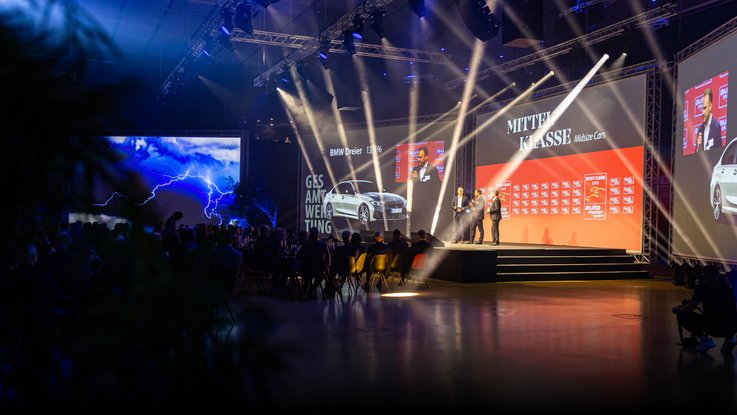 VISUELL Szenografie: BEST CARS 2023: Vier Leinwände werden bespielt - Aufschrift: Gesamtwertung Mittelklasse und ein Foto eines BMW Dreier