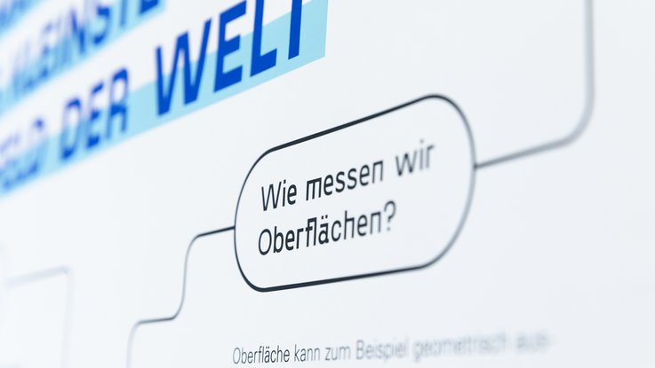 VISUELL Szenografie: Wissenschaftsausstellung „Was kann Katalyse?“ für den Sonderforschungsbereich SFB 1333 der Universität Stuttgart VISUELL Szenografie: Wissenschaftsausstellung: Nahaufnahme einer Beschriftung „Wie messen wir Pberflächen“ in schwarzer Schrift auf weißem Hintergrund in der Wissenschaftsausstellung „Was kann Katalyse?“.