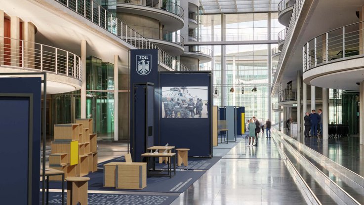 VISUELL Szenografie: Konzeption und Design einer Wanderausstellung zum Thema „75 Jahre deutsche Zollverwaltung“ VISUELL Szenografie: Rendering der Ausstellung im Foyer des Paul-Löbe-Hauses