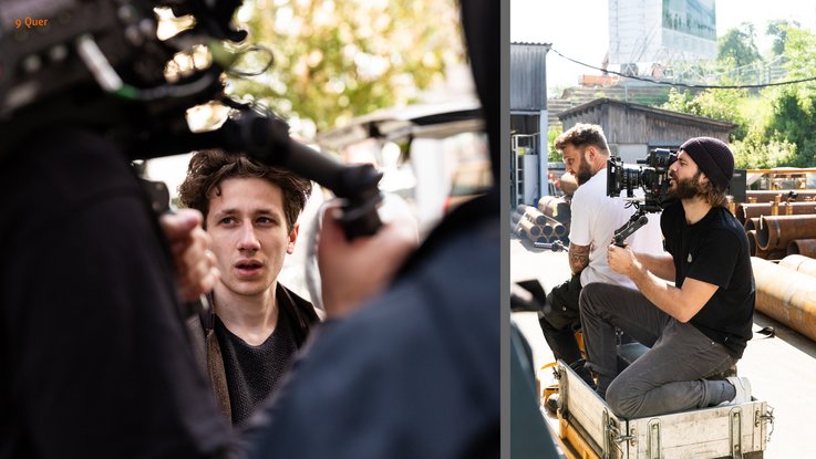 VISUELL Kommunikationsdesign: Kino-Werbespot „Wir haben das Zeug zum Heben!“ für STAHL CraneSystems VISUELL Kommunikationsdesign: Kino-Werbespot für STAHL CraneSystems: Links sieht man den Hauptdarsteller des Kino-Werbespots vor der Kamera, recht den Kameramann mit seiner Assistenz