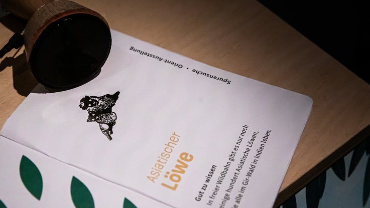 VISUELL Szenografie: Ausstellung „Spurensuche“: Detailaufnahme Stempelheft mit Stempel des Asiatischen Löwens